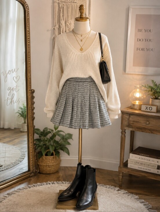 Altar'd State Dresses & Skirts - Altar'd State M Blue Houndstooth Mini Skater Skirt Preppy Academia
